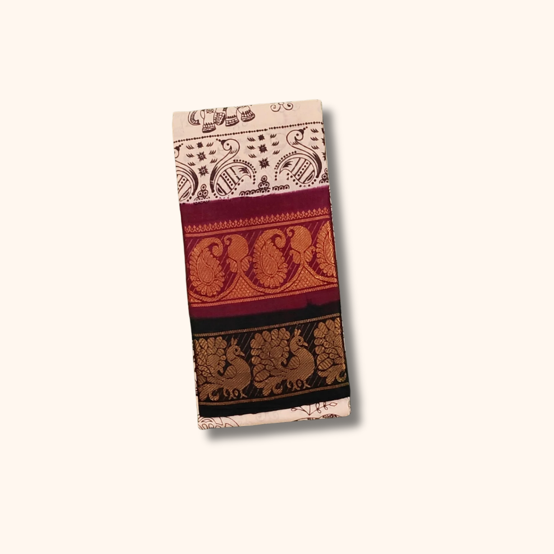 Cream Elephant Print Double Border Sungudi Cotton Saree – Traditional Peacock Border