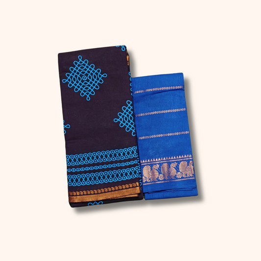 Attractive Navy Blue Sungudi Cotton Saree with Electric Blue Kolam Motifs