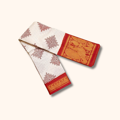 White Kolam Design Saree with rust orange & Golden Zari Border – No Blouse