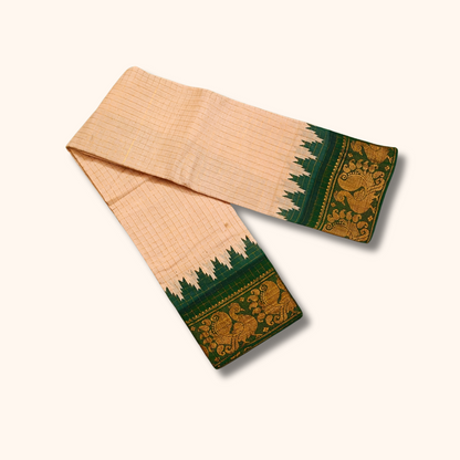 Beige with Gold Checked Sungudi Cotton Saree & Dark Green Peacock Zari Border