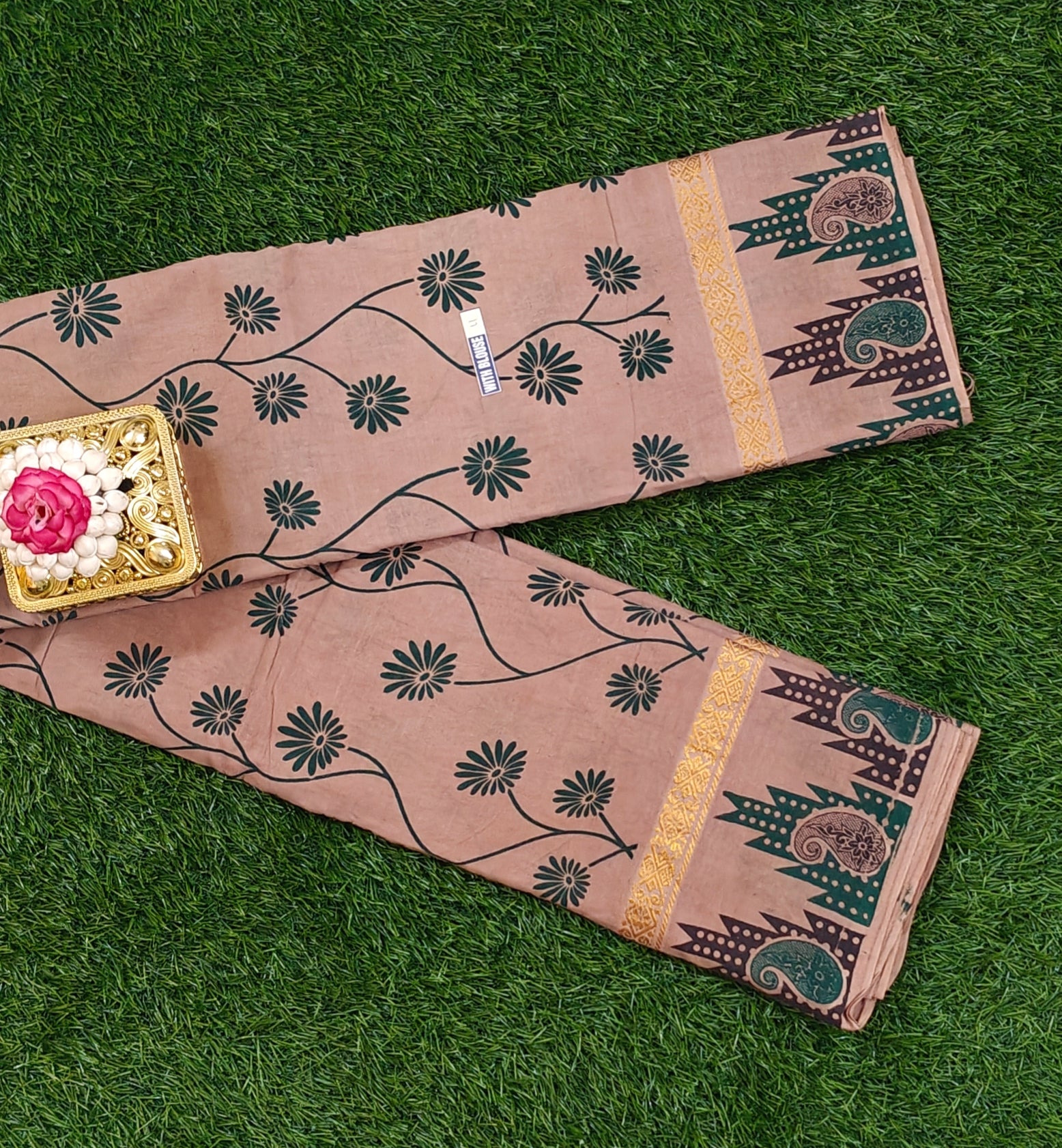 Beige Cotton Saree with Floral Vine Print & Contrast Border