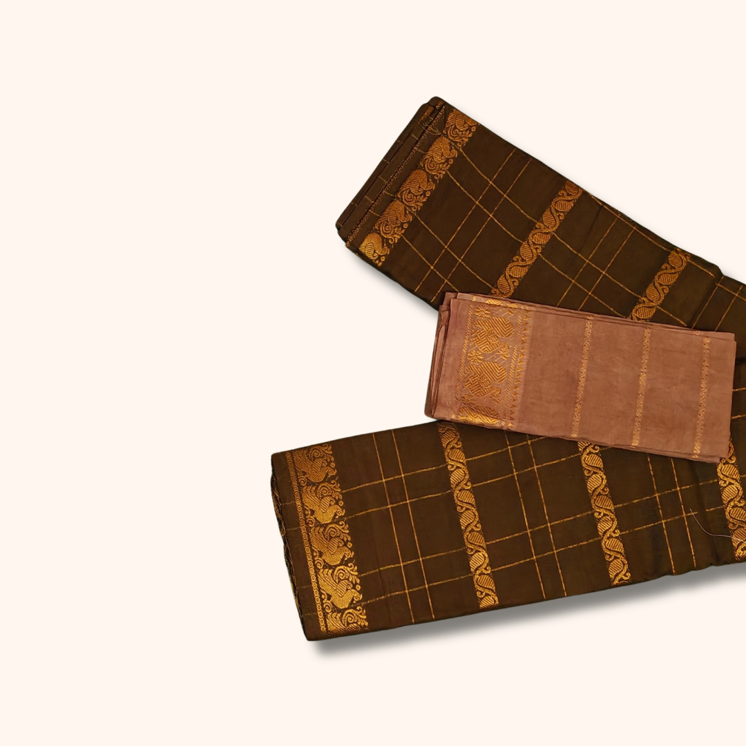 Dark Brown Pure Sungudi Cotton Saree with Gold Zari Checks & Paisley Border
