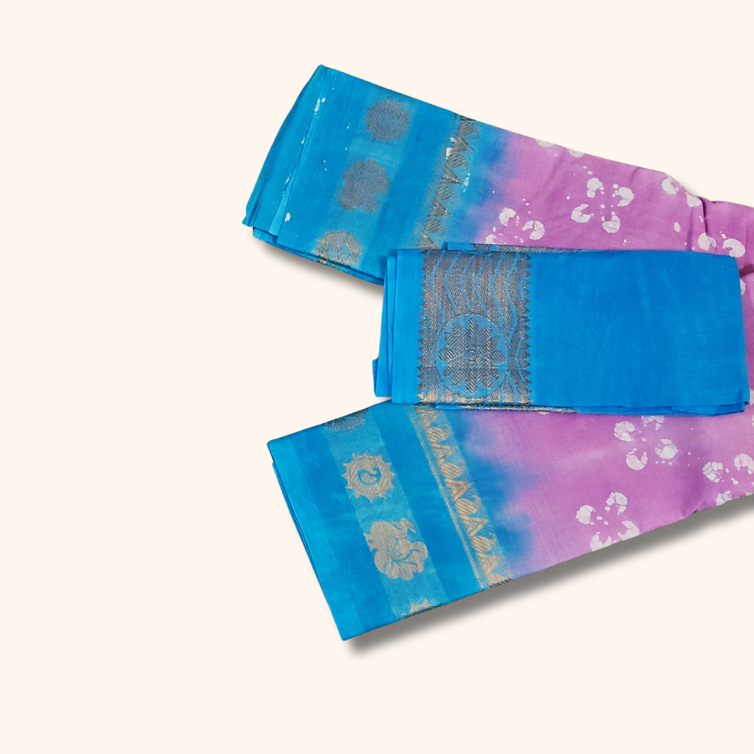 Lavender & Sky Blue Batik Sungudi Cotton Saree with Silver Zari Border