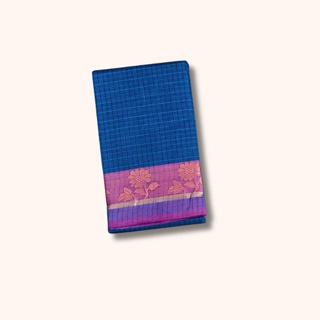 Dark sky Blue Checked Thread Work Zari Chettinad Cotton Saree