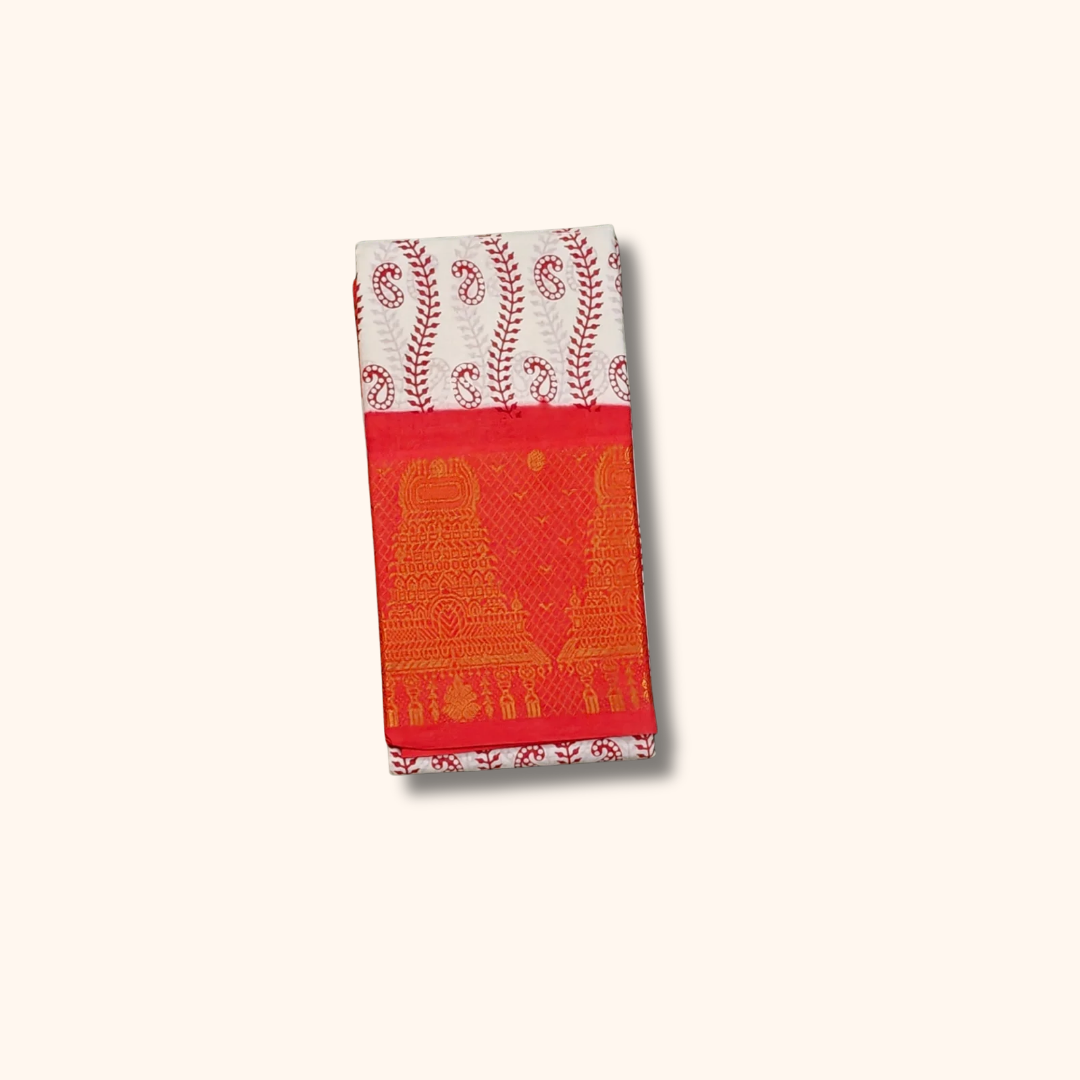 Off-White Cotton Saree with Red Paisley Print & Gold Zari Border – No Blouse