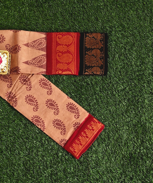 Brick Brown Sungudi Cotton Saree with Red Double Border & Traditional Motifs
