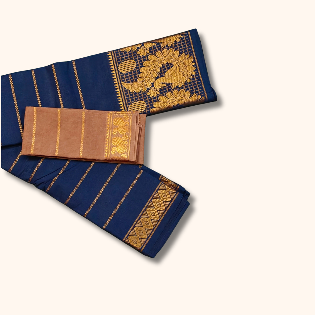 Navy Blue Pure Sungudi Cotton Saree with Gold Zari Peacock Pallu & Brown Blouse Piece