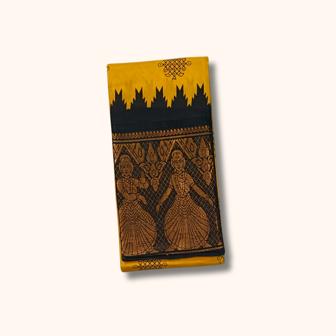 Mustard Yellow Kolam Sungudi Cotton Saree with Black Temple Border
