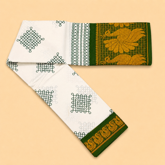 Elegant White Printed Cotton Saree with Green Peacock Border