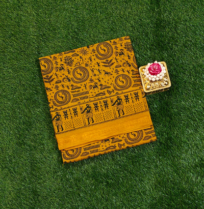 Mustard Yellow Tribal Print Sungudi Cotton Saree with Warli Border