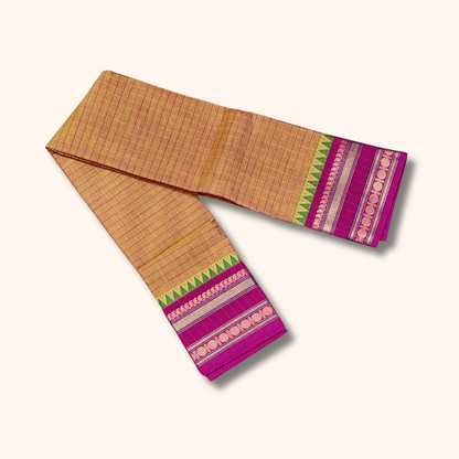 Beige Checked Chettinad Cotton Saree with Magenta & Green Border