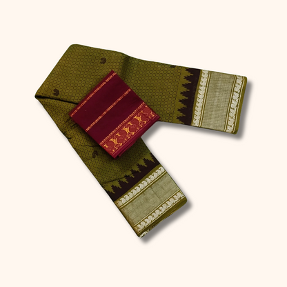 Olive Green Sungudi Cotton Saree with Silver Zari Temple Border