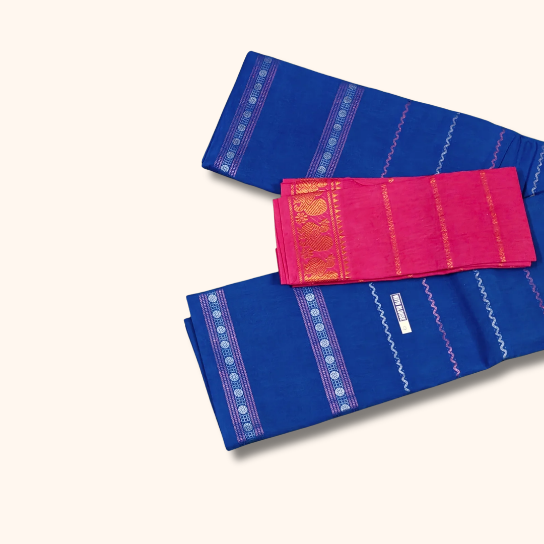 Royal Blue Sungudi Cotton Saree with Rani Pink Contrast Blouse