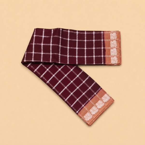 Brown Pavithra Kattam Cotton Saree with Silver Checks