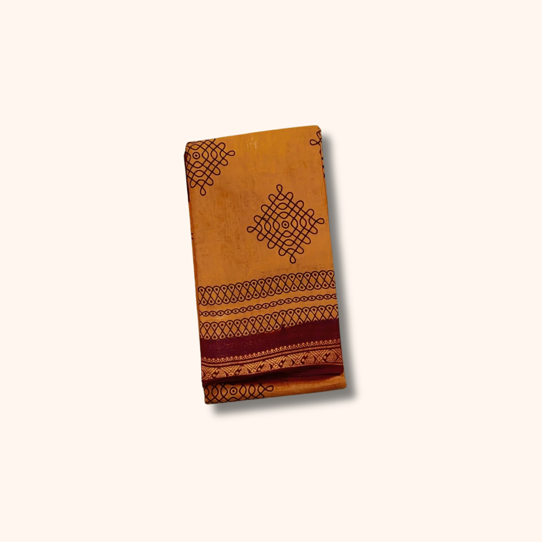 Brown Kolam Design Running Blouse Saree with Maroon Border