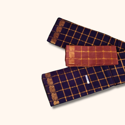 Pavithra Kattam Sungudi Cotton Saree – Navy Blue with Gold Checks & Traditional Motif Border