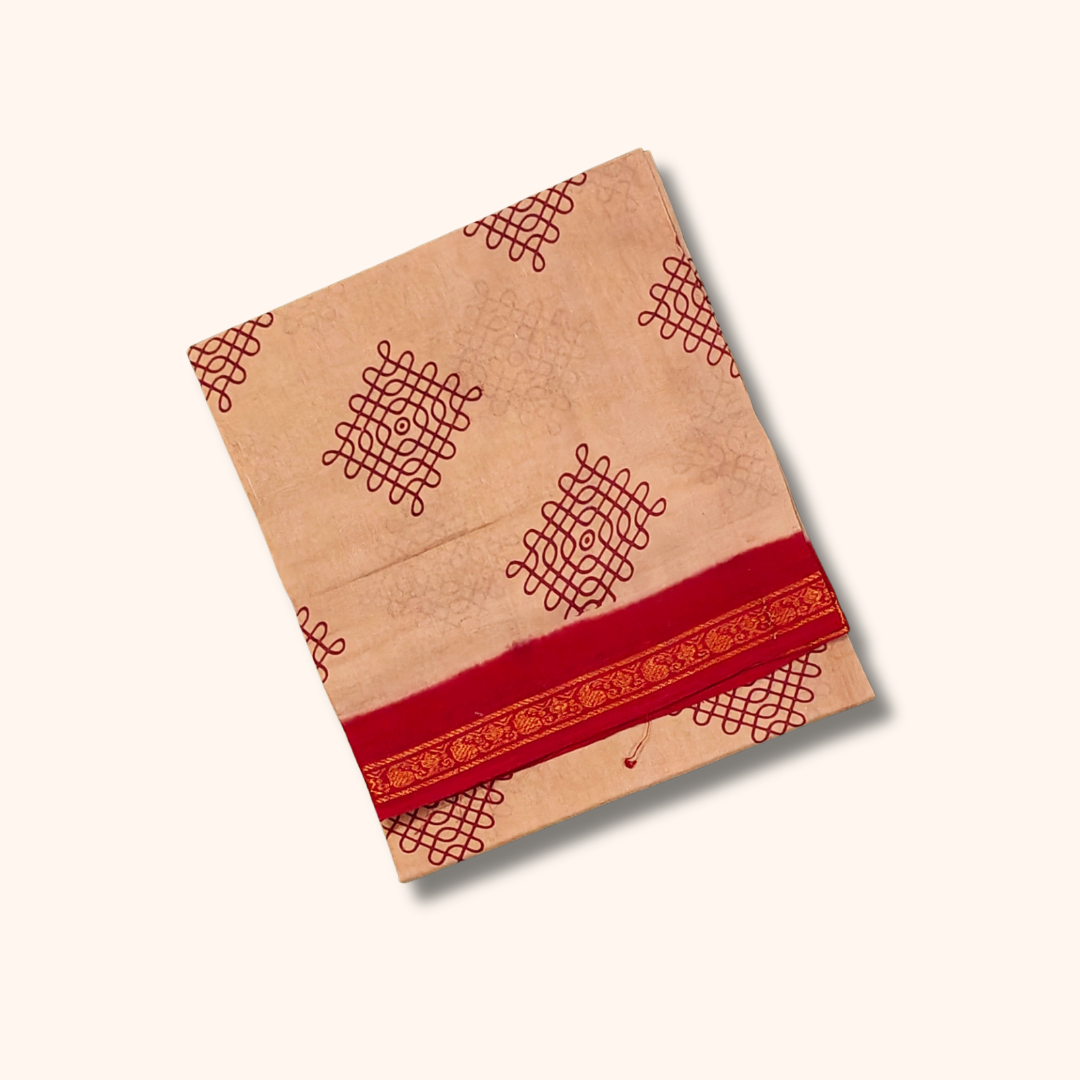 Beige Soft Cotton Saree with Red Border