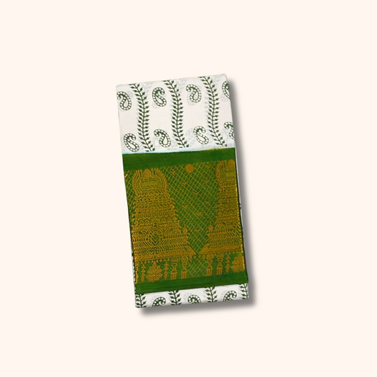 White Paisley Cotton Saree with Green Temple Zari Border