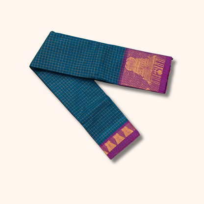 Teal Blue Chettinad Cotton Saree with Gopuram Border