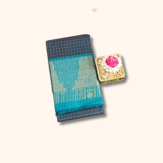 Authentic Teal Green Chettinad Cotton Saree with Meenakshi Gopuram Border
