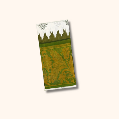 Cream Sungudi Cotton Saree with Olive Green Floral Zari Border