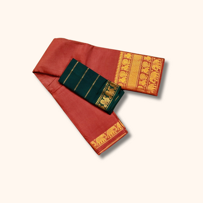Terracotta Red Pure Cotton Saree with Dark Teal Contrast Blouse