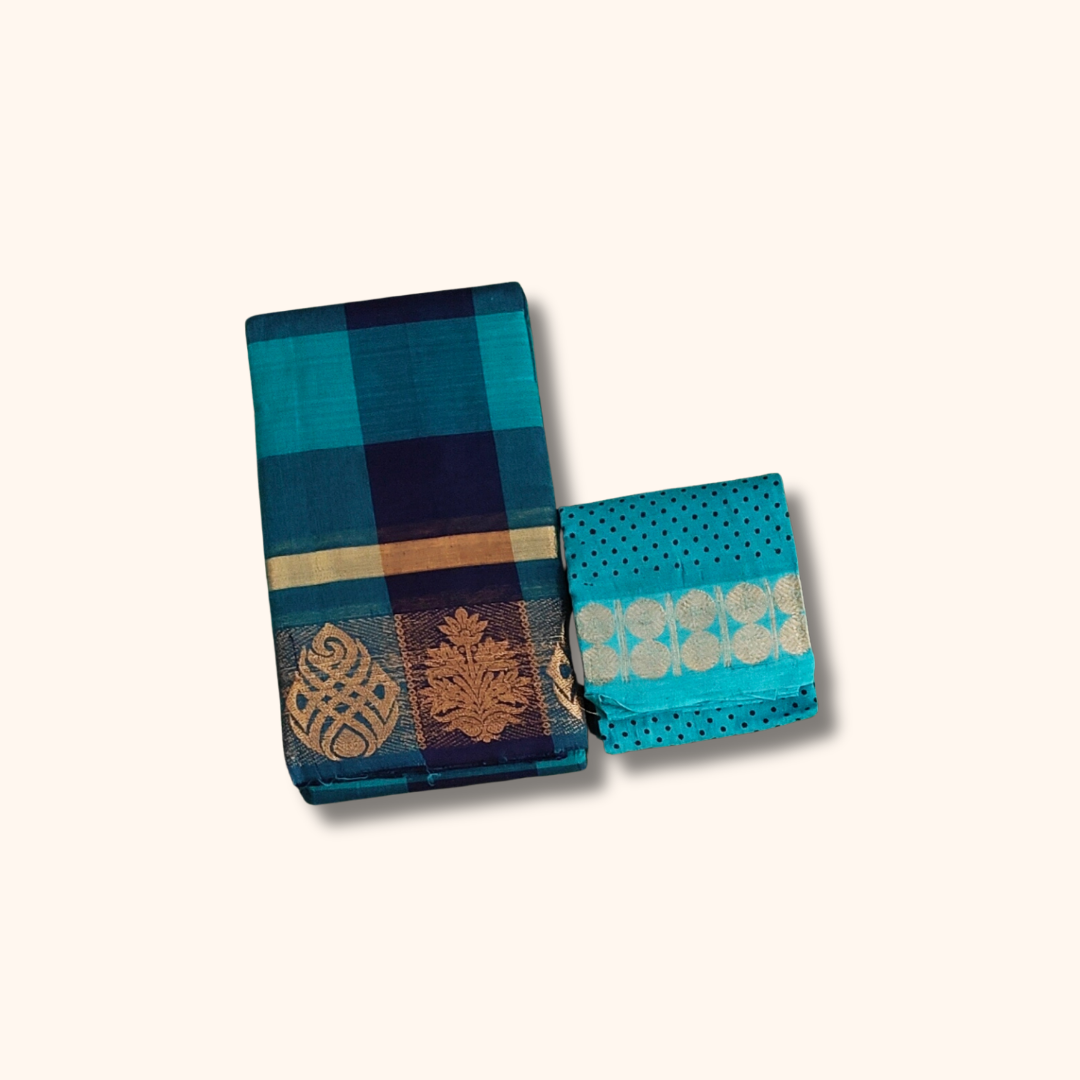 Blue Checked Chettinad Cotton Saree with Separate Blouse Piece
