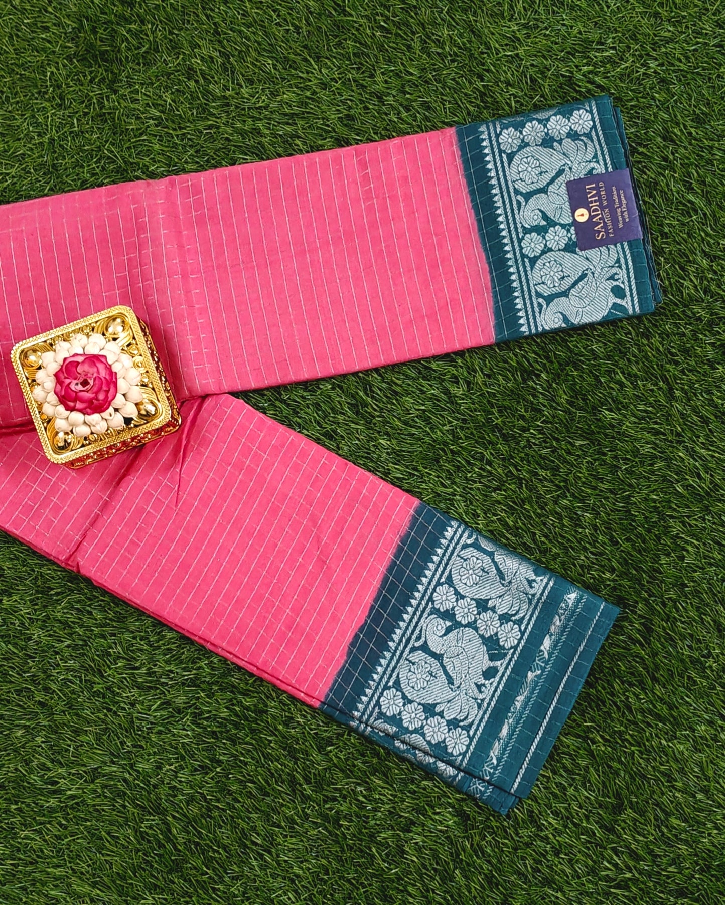 Pink Sungudi Cotton Saree with Peacock Motif Border