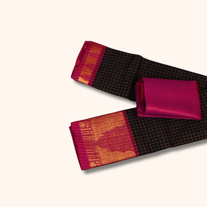 Black Chettinad Cotton Saree with Temple Border & Gold Zari – Separate Blouse Piece
