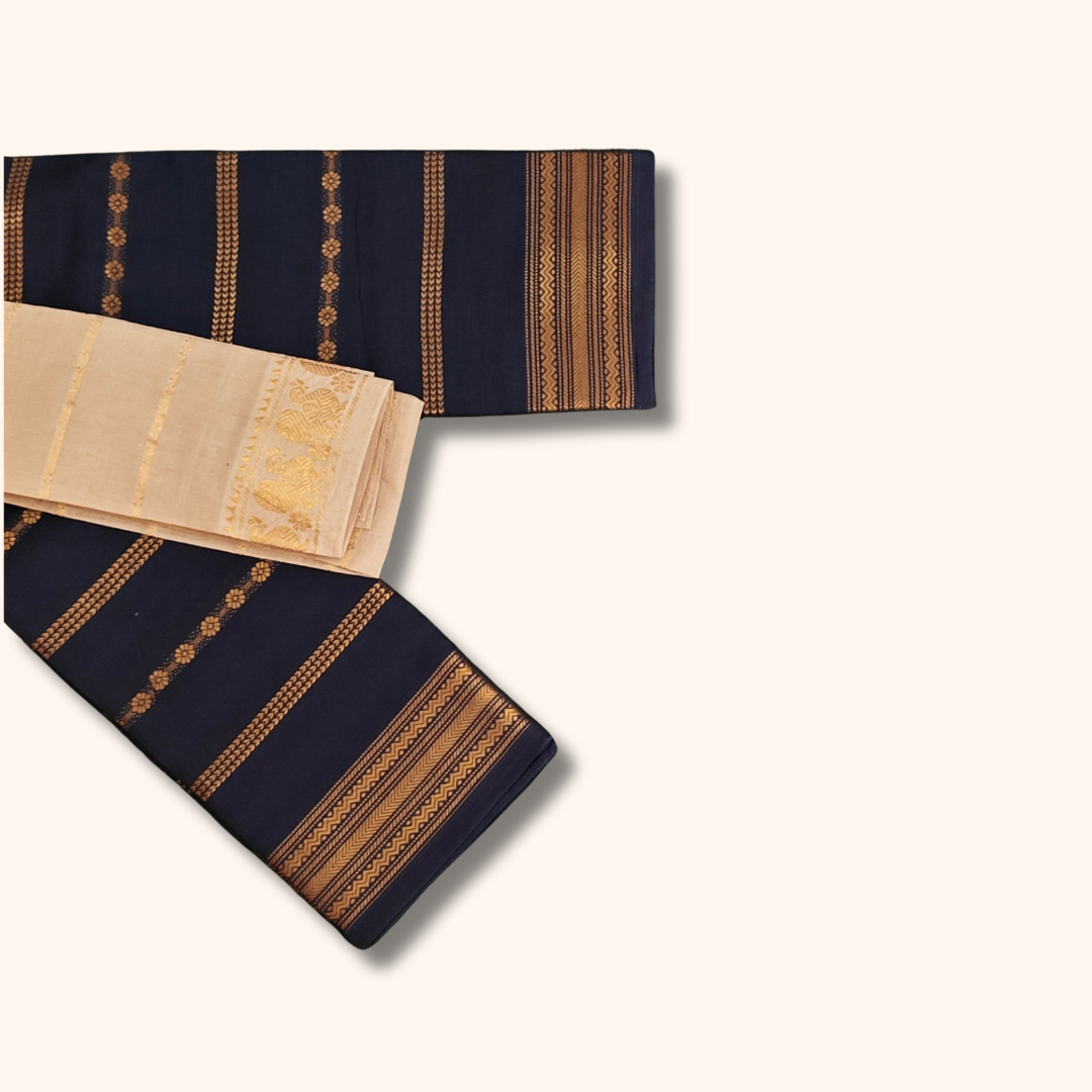 Navy Blue Sungudi Cotton Saree with Cream Peacock Border Blouse