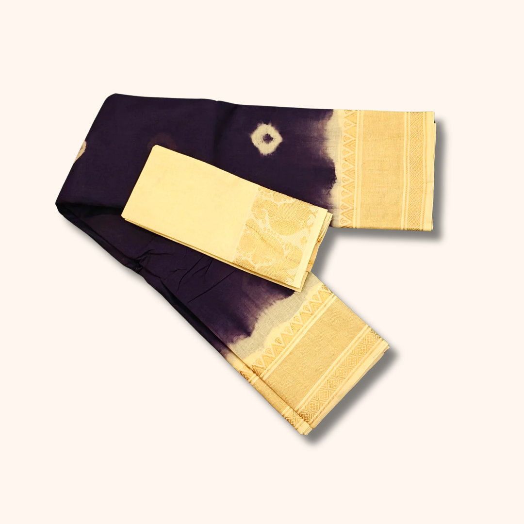 Navy Blue Sungudi Cotton Saree with Traditional Zari Border
