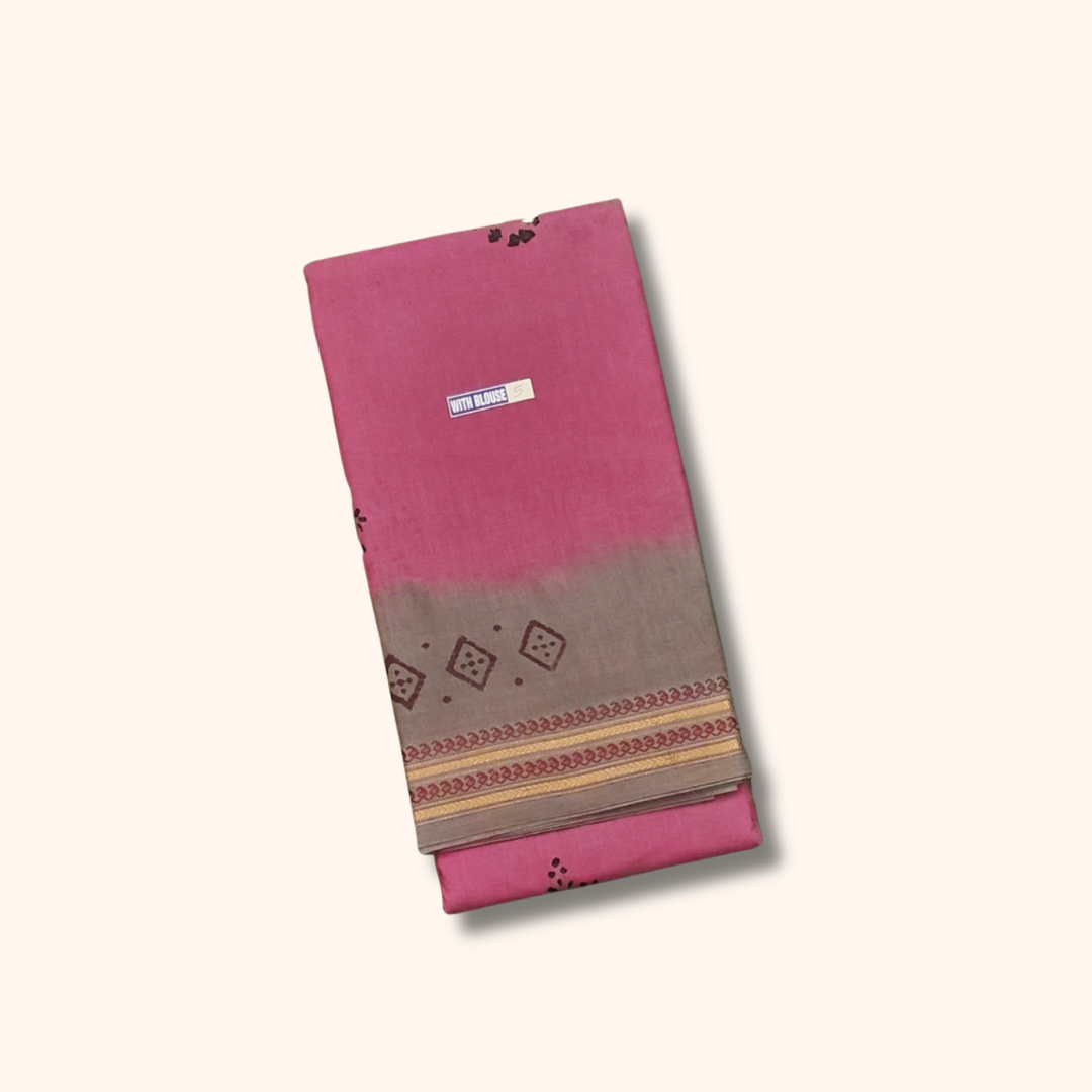 Elegant Pink Cotton Saree with Ash Grey Border & Running Blouse