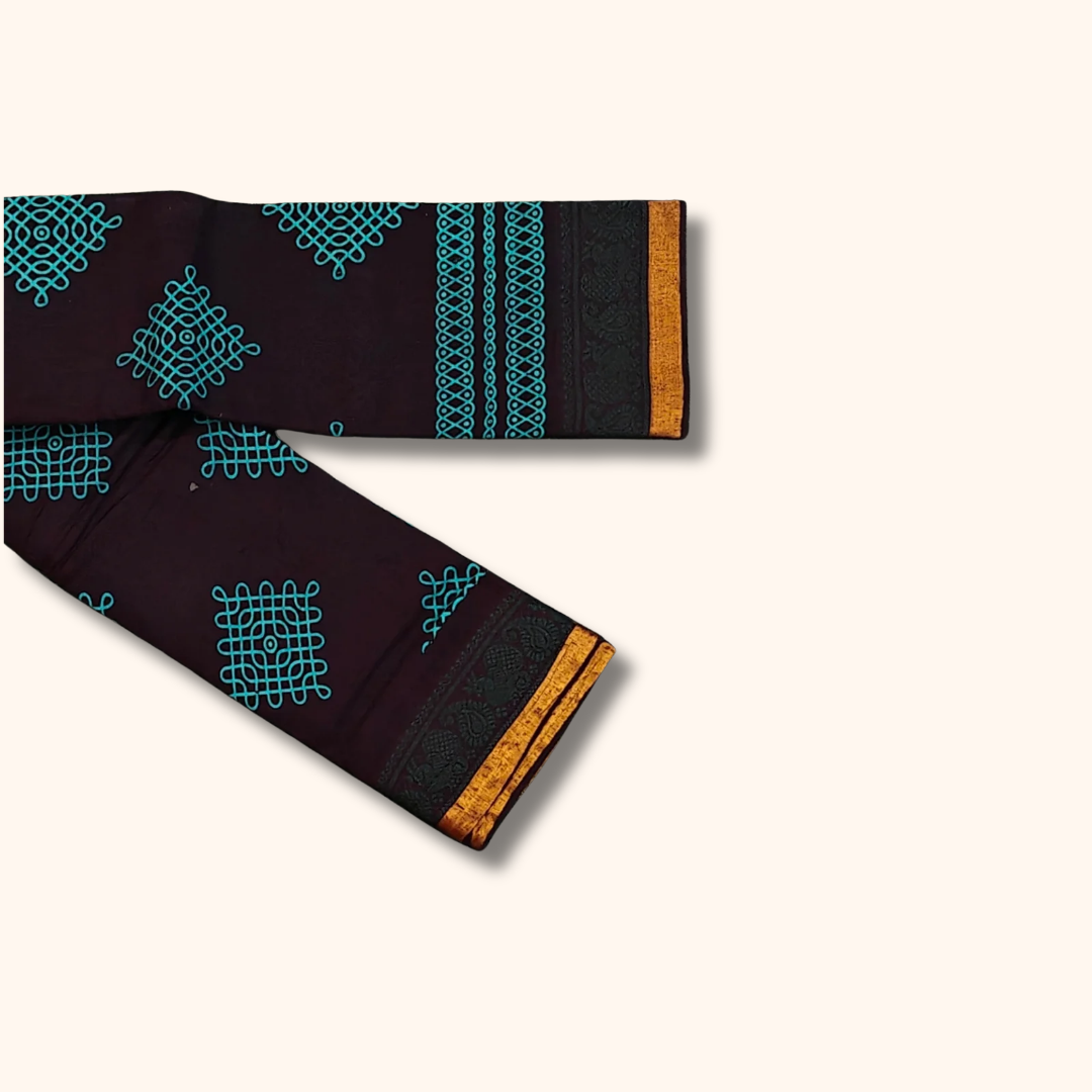 Coffee Brown Sungudi Cotton Saree with Blue Kolam Motifs – Without Blouse
