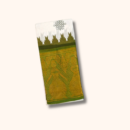 White & Green Dancing Girl Border Kolam Sungudi Cotton Saree