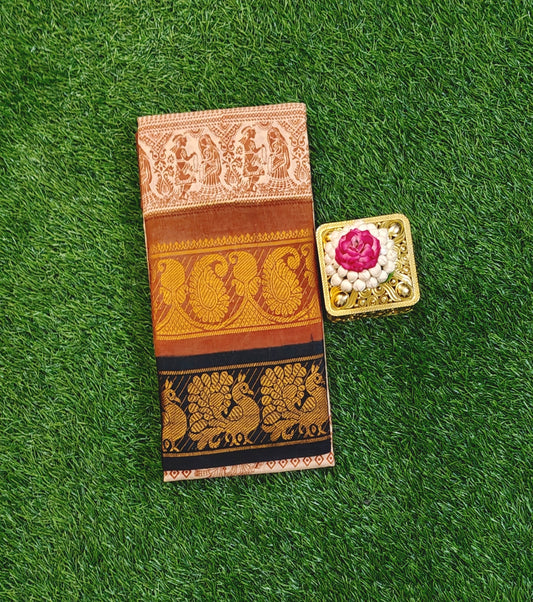 Beige Sungudi Cotton Saree with Traditional Prints & Contrast Zari Double Border