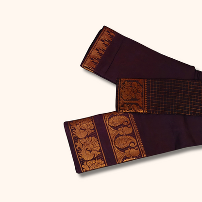 Dark coffee brown Cotton Saree with Gold Zari Peacock Border & Matching Separate Blouse Piece