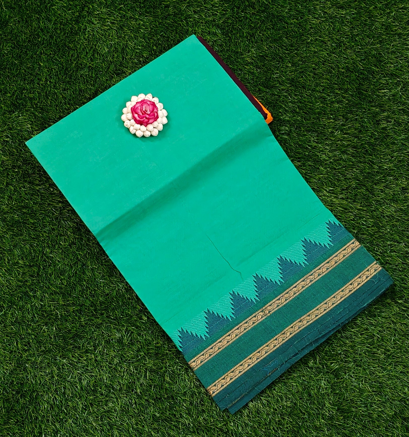 Sea Green Chettinad Cotton Saree with Classic Temple Border