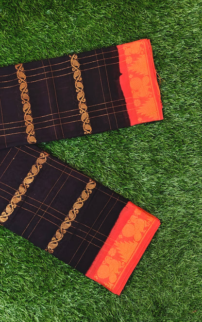 Black & Red Traditional Check Motif Cotton Saree