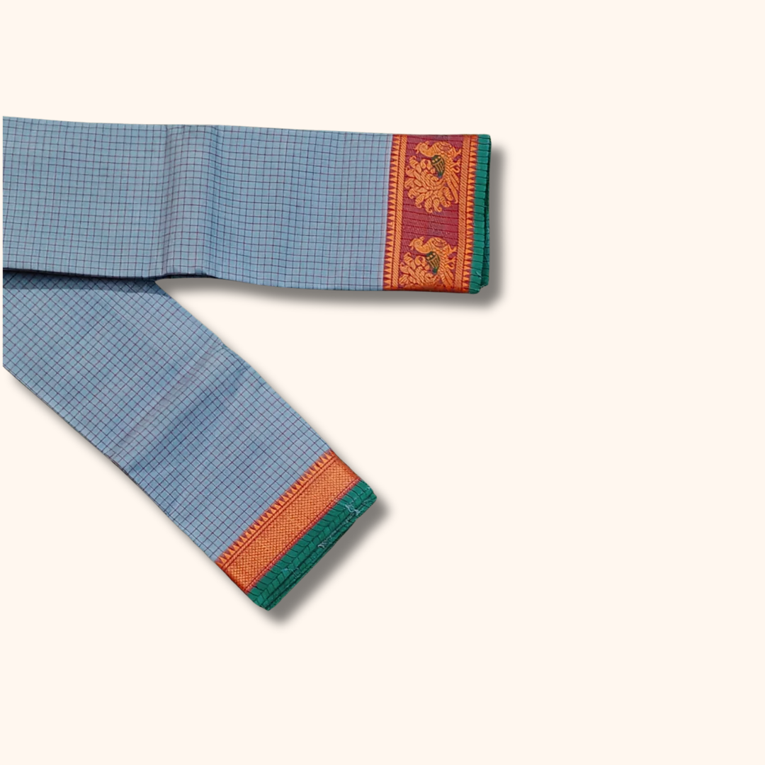 Powder Blue Pure Chettinad Cotton Saree with Peach-Gold & Green Border