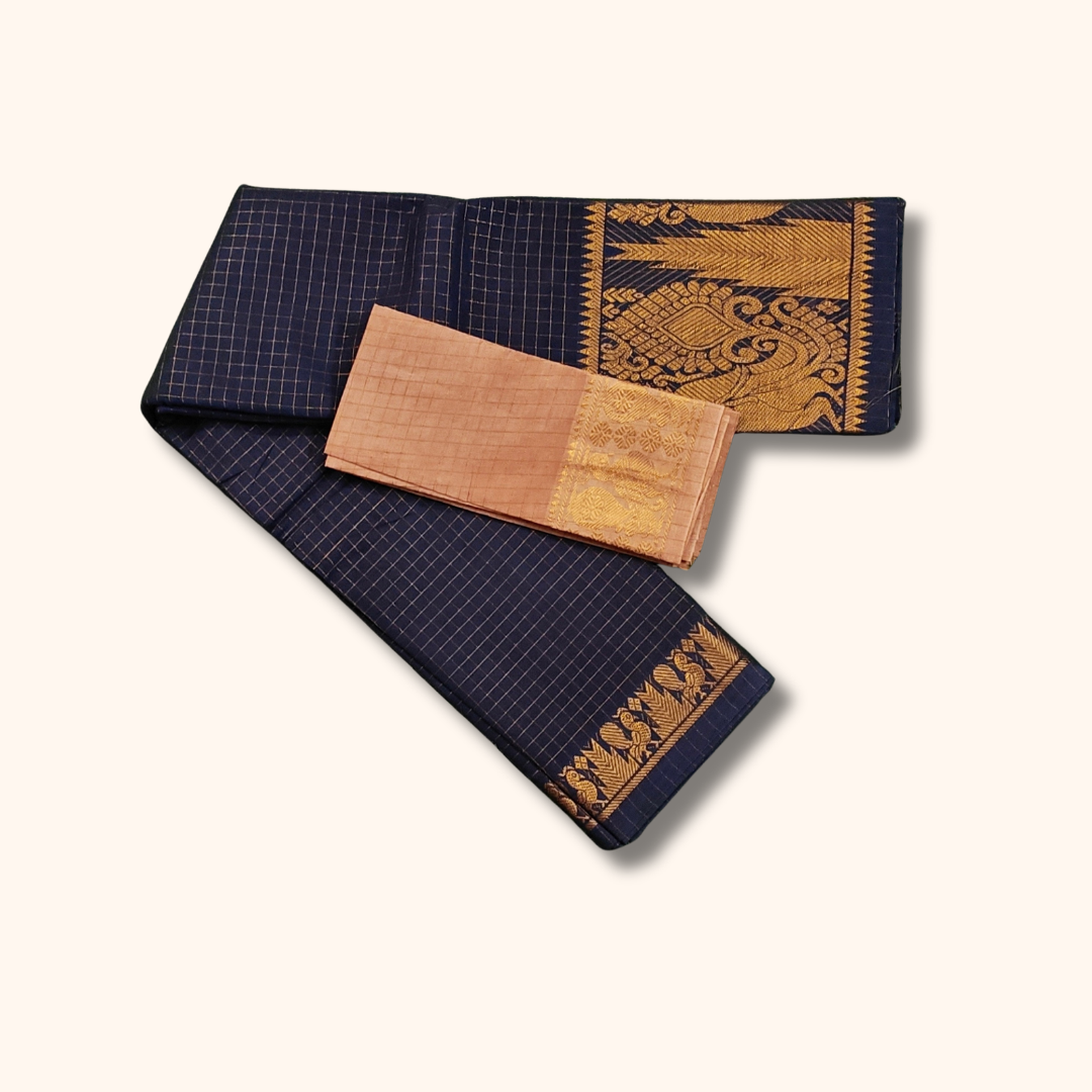 Navy Blue Sungudi Cotton Saree with Gold Zari Peacock Border & Beige Separate Blouse