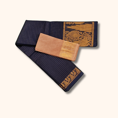 Navy Blue Sungudi Cotton Saree with Gold Zari Peacock Border & Beige Separate Blouse