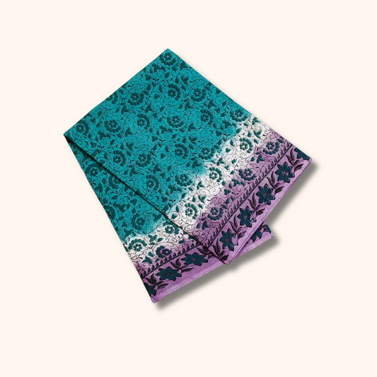 Turquoise Blue & Lavender Floral Kalamkari Cotton Saree with Printed Border