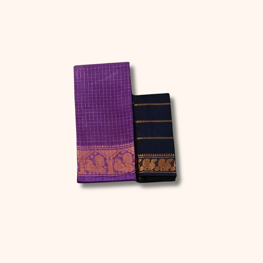 Purple Checked Cotton Saree with Golden Peacock Border