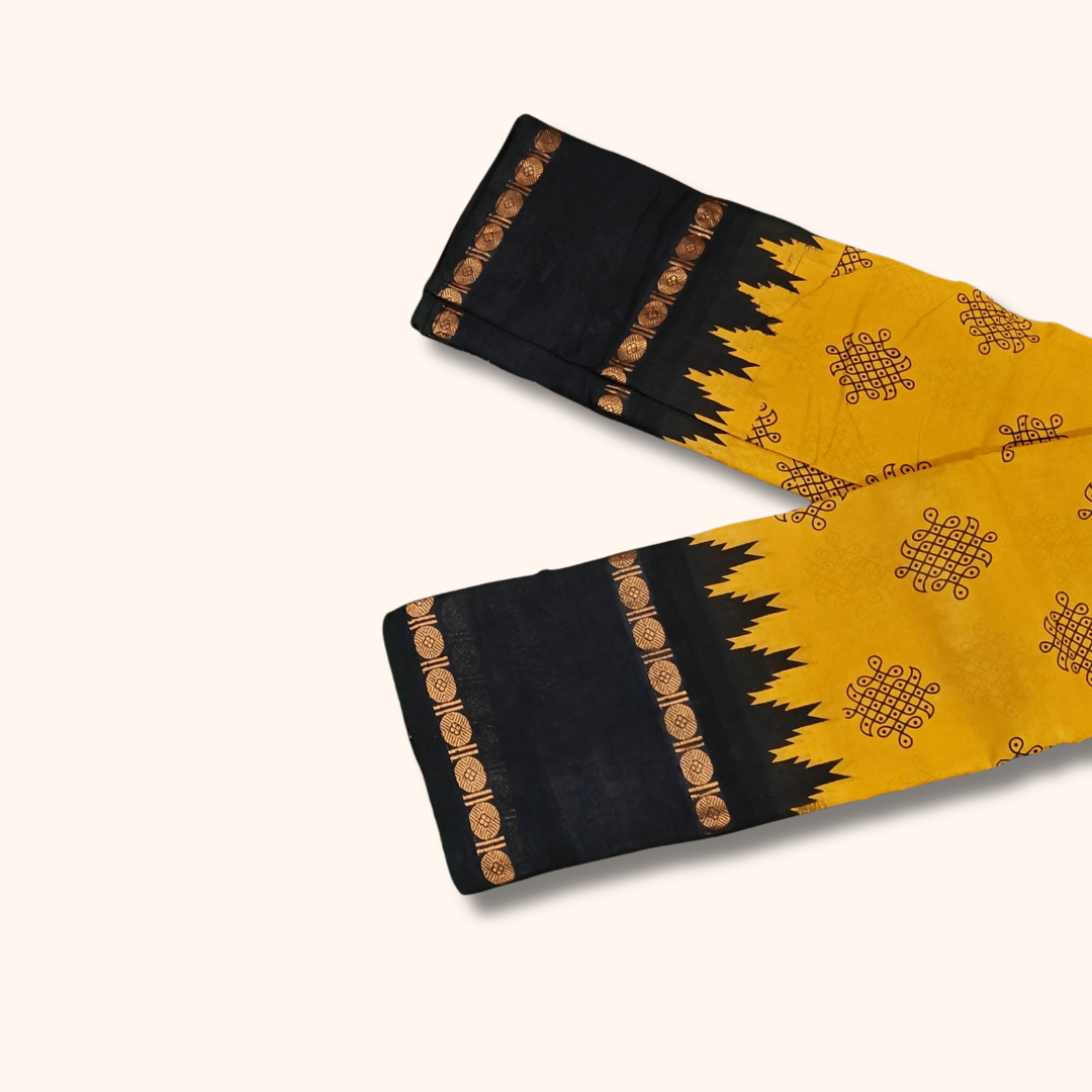Mustard Yellow Kolam Cotton Saree with Black Temple Border