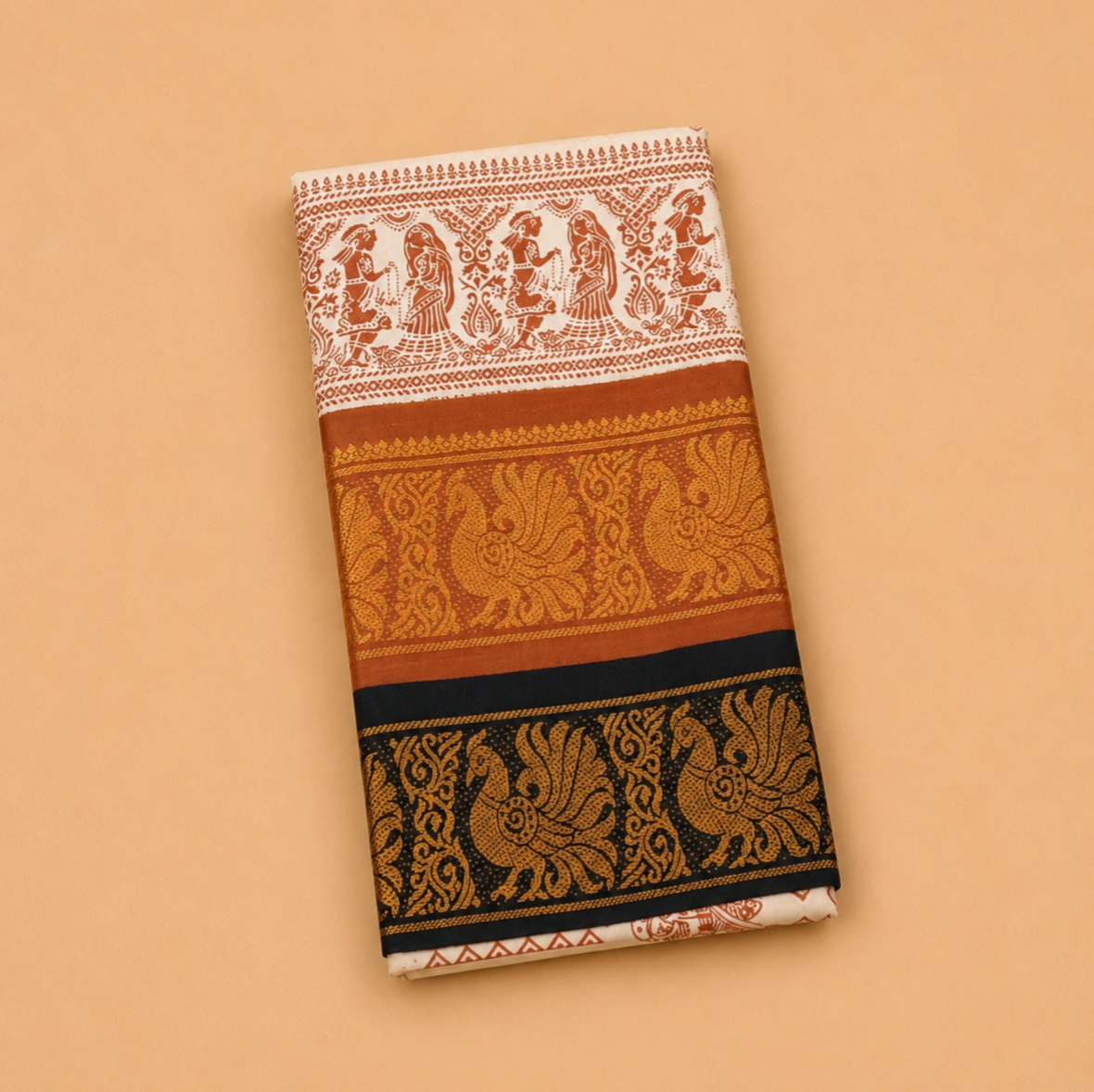 Off White Cotton Saree with Double Zari Border & Traditional Printed Design