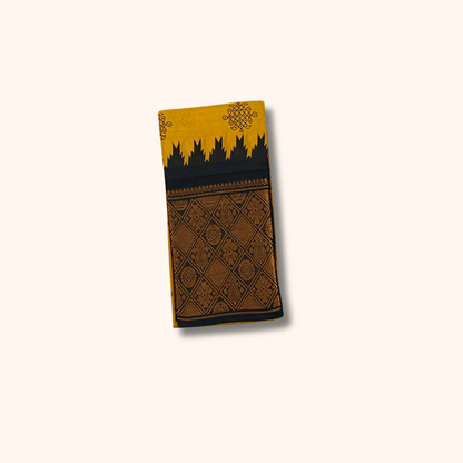 Mustard Kolam Print Cotton Saree with Black Designer Border