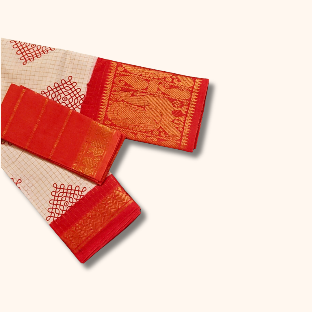 Off-White Checked Kolam Design Saree with Separate Blouse Piece