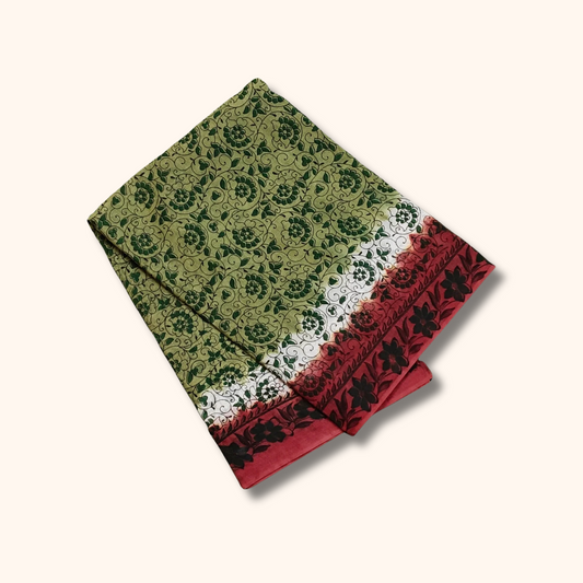 Olive Green & Maroon Floral Printed Cotton Saree