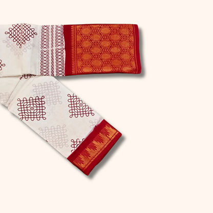 White Kolam Sungudi Cotton Saree with Geometric Border