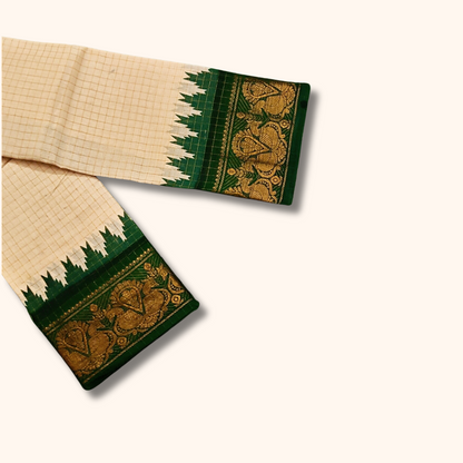 Off-White Checked Sungudi Cotton Saree with Bottle Green Peacock Zari Border